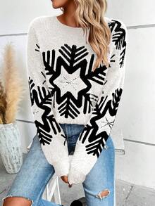 SHEIN LUNE Women'S Snowflake Pattern Plush Drop Shoulder Sweater - White - View 4