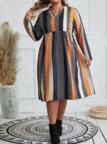 EMERY ROSE 大尺碼女裝條紋和波點連衣裙 - 亮橙色 - 查看 1