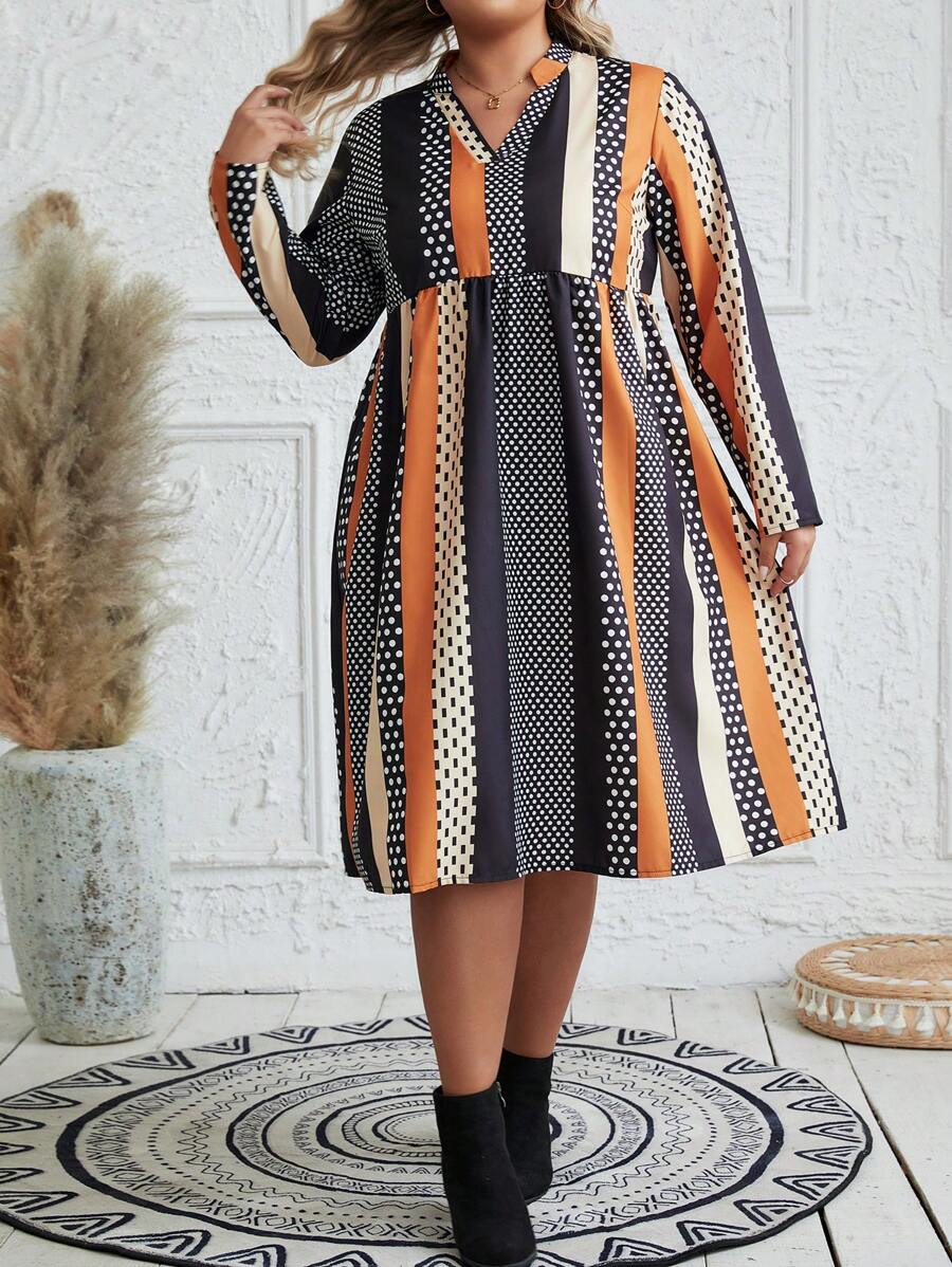 EMERY ROSE 大尺碼女裝條紋和波點連衣裙 - 亮橙色 - 查看 1