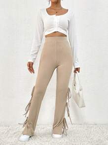 SHEIN Unity Hoch Taillierte Lange Hose Mit Cut-out Und Schnürung - Khaki - Übersicht 5