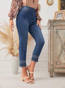 SHEIN LUNE 刺繡磨損邊牛仔褲帶傾斜口袋 - 藍色 - 查看 3