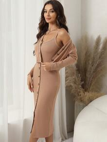 SHEIN Clasi 女士單排釦長袖t恤和開叉擺裙子套裝