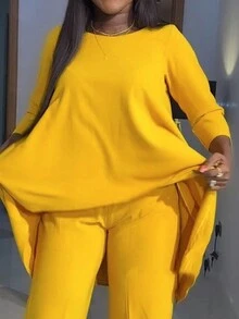 SHEIN Unity Plus Size Women's Asymmetrical Hem Long Sleeve T-Shirt And Pants Set - Yellow - View 3