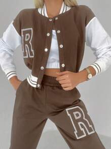 Cottnline Letter Graphic Zip Up Jacket & Joggers - Mocha Brown - View 5