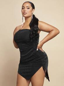 SHEIN BAE 黑色夜店派對閃爍無肩帶緊身連衣裙,帶有側開衩和束口,性感 - 黑色 - 查看 6