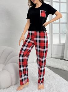 女士格紋拼接睡衣套裝 - 黑色 - 查看 3