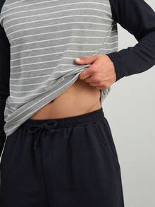 RueChic 男士條紋插肩袖長袖 T 恤和褲子家居服套裝 - 藏蓝色 - 查看 5