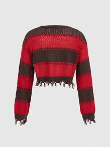 ROMWE Grunge Punk 短款紅黑條紋新年女士套頭毛衣 - 紅色 - 查看 2