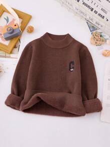 Boys' Letter Embroidered Fleece Sweater - Coffee Brown - View 1