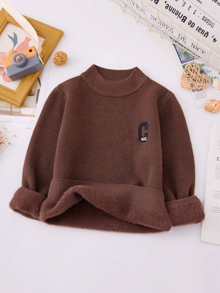 Boys' Letter Embroidered Fleece Sweater - Coffee Brown - View 1