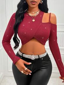 Zolique 女士闪亮不对称肩部短款上衣 - 黑色 - 查看 4