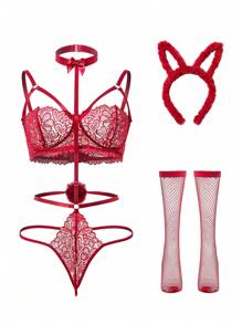 5pcs/Set Women's Sexy Red Mesh Lingerie Set - Burgundy - View 5