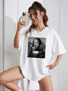 SHEIN EZwear 優化圖案落肩設計超大t卹 - 白色 - 查看 6