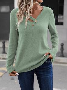 SHEIN LUNE 女士休閒鈕領基礎t恤 - 薄荷綠 - 查看 3