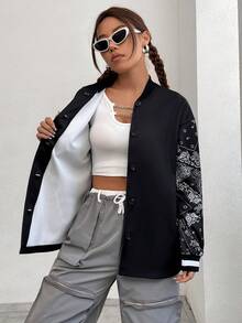 SHEIN EZwear Women'S Baseball Jacket With Paisley Sleeves - Black - View 5
