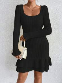 SHEIN Essnce Black Long-sleeved Ruffled Sweater Dress - Black - View 1