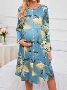 SHEIN Thai sản Hoa In Tay áo dài Váy ngủ - Nhiều màu - Xem 3