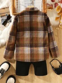 SHEIN Toddler Girls' College Style Casual Retro Plaid Grid Shirt And Jumpsuit Set