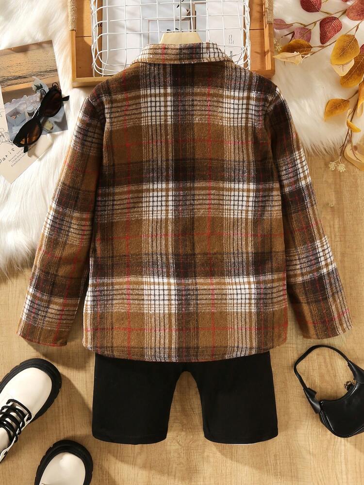 Toddler Girls' College Style Casual Retro Plaid Grid Shirt And Jumpsuit Set