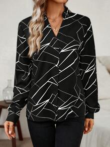 SHEIN LUNE Geometric Printed Shirt With Frill Trimmed Notched Collar - Black and White - View 3