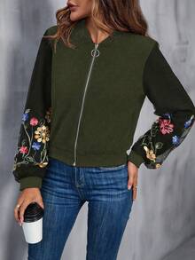 SHEIN LUNE Của phụ nữ Thêu Lưới trong suốt Dây kéo phía trước Áo khoác - xanh quân đội - Xem 5