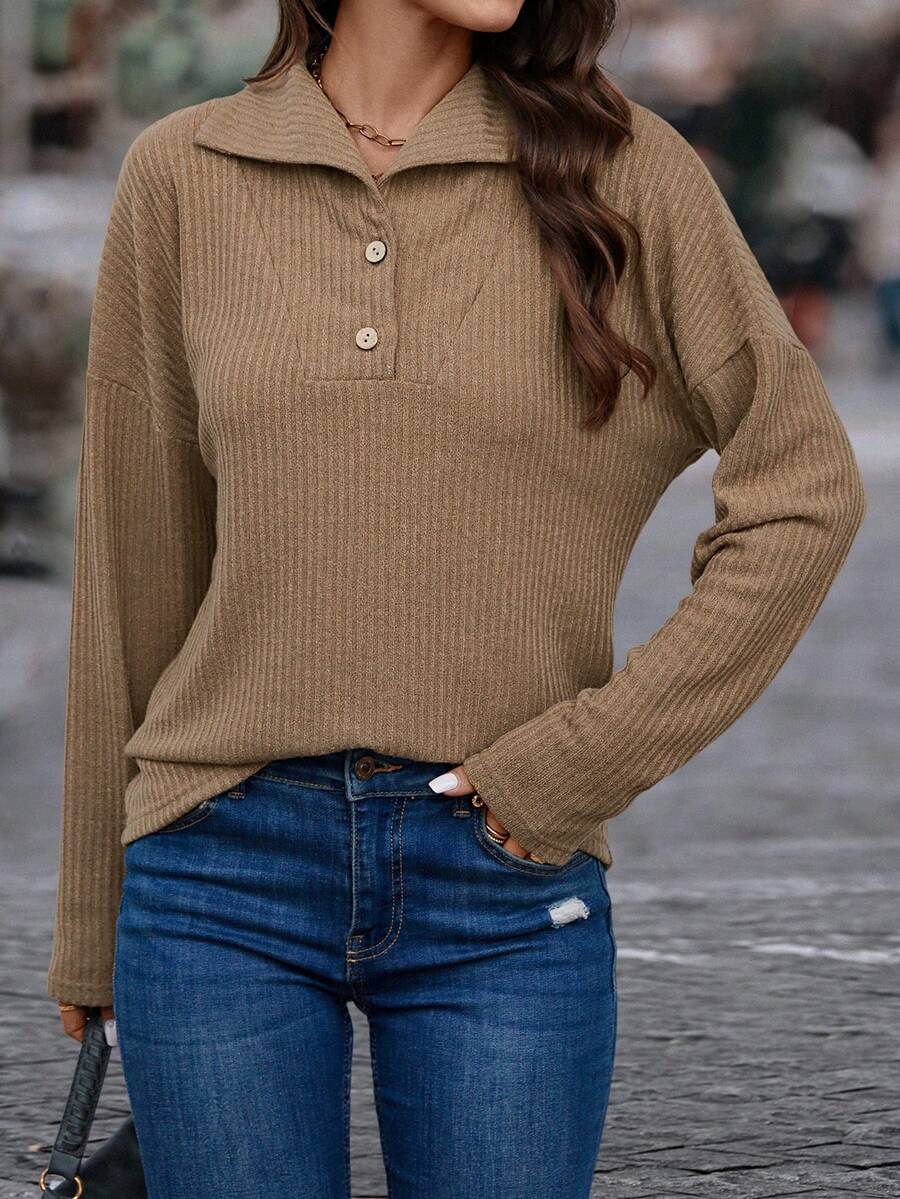 SHEIN LUNE 前紐扣落肩T恤 - 卡其色 - 查看 1