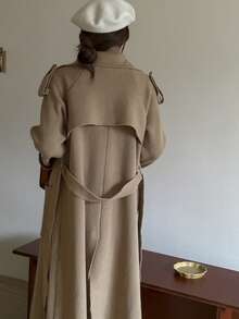 女士翻领双排扣双口袋开衫 - 棕色 - 查看 6