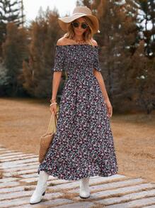 SHEIN VCAY Floral Pattern Holiday Off Shoulder Women's Dress - Black - View 1