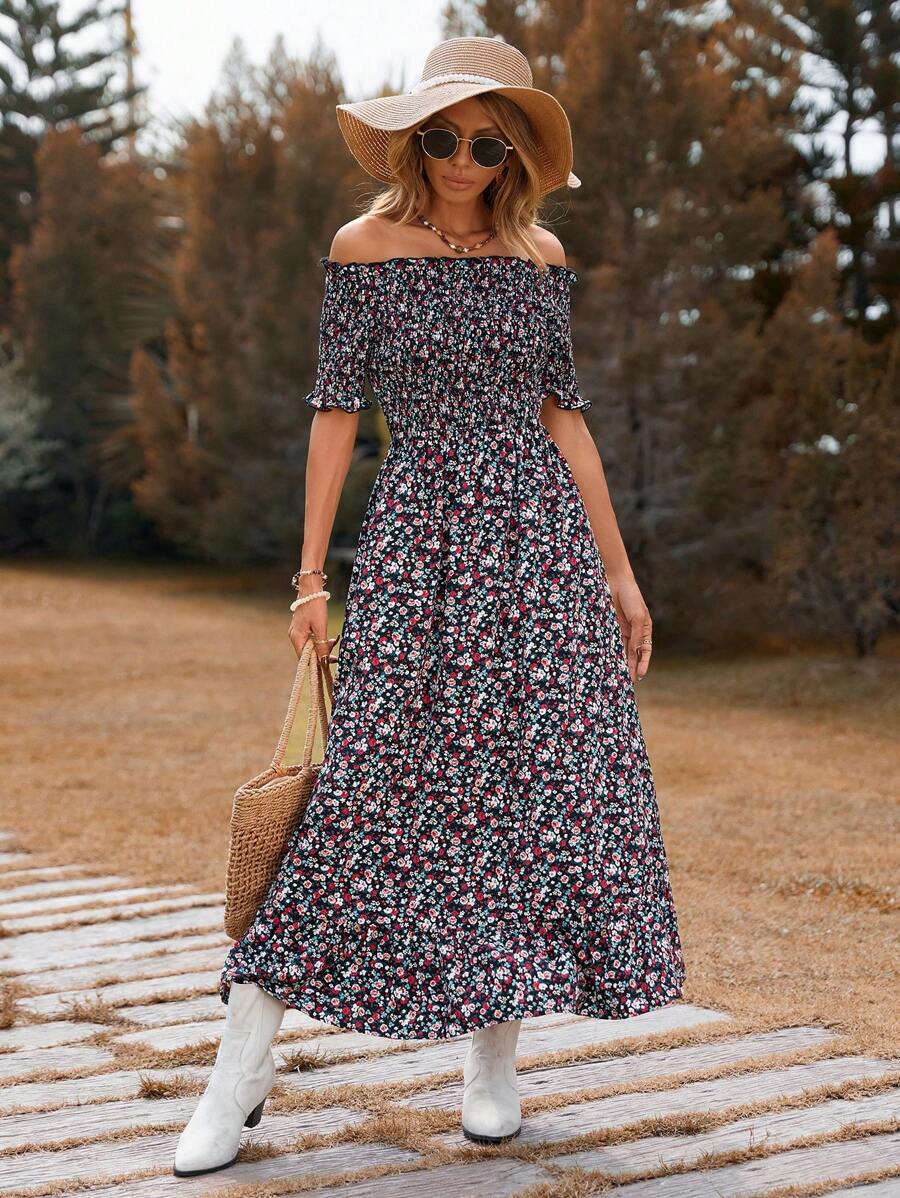 SHEIN VCAY Floral Pattern Holiday Off Shoulder Women's Dress - Black - View 1