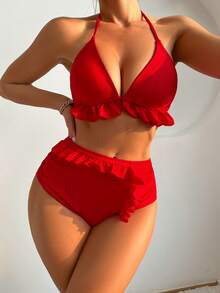 Ladies' Red Lace Trim Halter Neck Bikini Set - Red - View 3