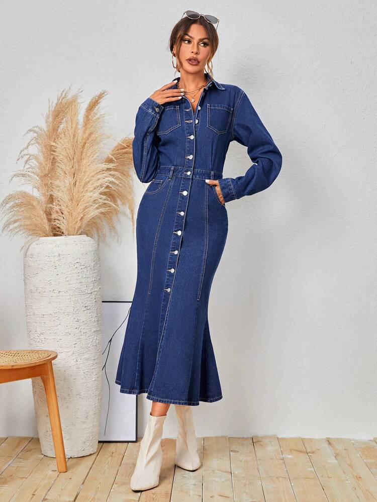 Button Front Pockets Denim Dress With Mermaid Hem Fall Cloth For Women