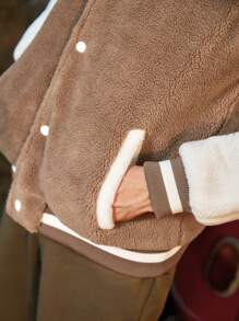 In My Nature Men Contrast Raglan Sleeve Striped Trim Outdoor Fleece Jacket - Khaki - View 8