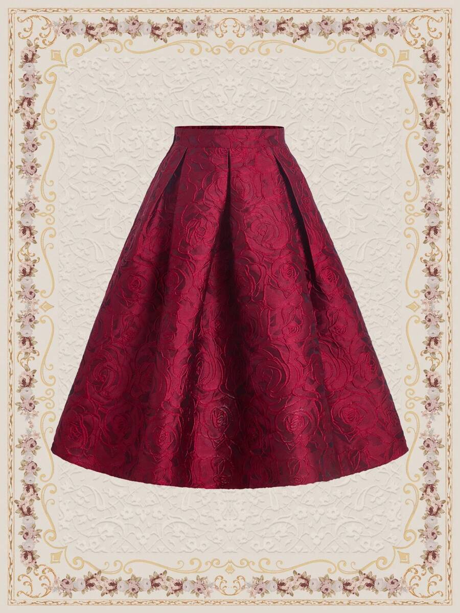 Vintamour Vintage Elegant Women's Floral Jacquard Skirt Club Women Outfits Concert Summer Women Long Skirt Summer Skirt Vintage Clothes Red Partytime Jacquard Skirt New Year Valentine - Burgundy - View 1