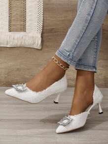 女性小香氣鑲鑽高跟鞋尖頭細跟法式優雅宴會純色高跟鞋 - 白色 - 查看 3