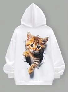 SHEIN Tween Boy Casual Loose Fit Knitted Sweatshirt With Cat Animal Print Design, Junior - White - View 1