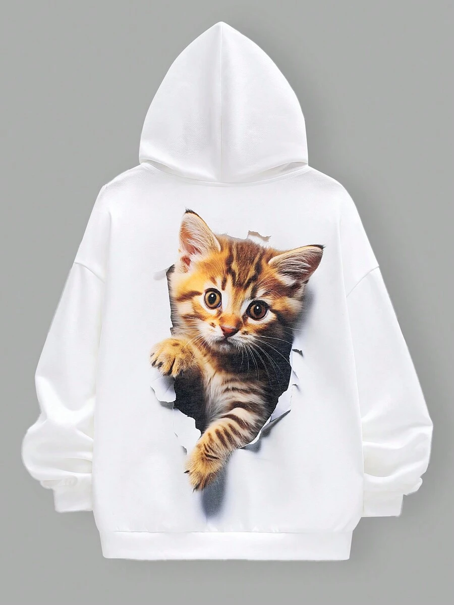 SHEIN Tween Boy Casual Loose Fit Knitted Sweatshirt With Cat Animal Print Design, Junior - White - View 1