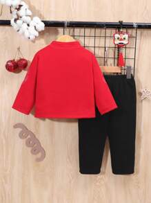 男宝宝或女宝宝中国新年立领不对称门襟夹克和裤子，采用拼色保暖衬里两件套 - 紅色 - 查看 4