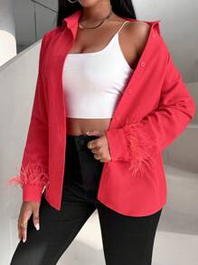 SHEIN Slayr Màu thuần Nút phía trước Lông vũ Nghệ Embellished Cổ tay áo Áo sơ mi - Đỏ - Xem 6