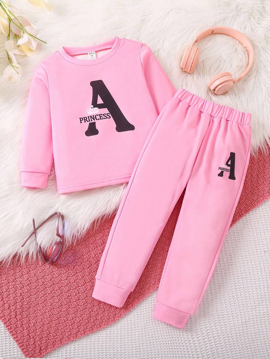 SHEIN Nhỏ bé Cô gái In thư Áo nỉ Và Quần thể thao Bộ - Hồng - Xem 1