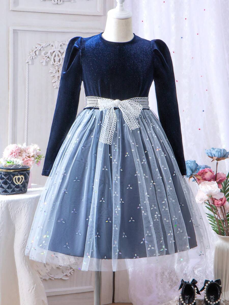 SHEIN 女孩層疊網紗裙配腰帶和羊肉袖 - 彩色 - 查看 1