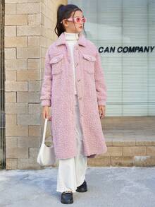 SHEIN 青少女純色針織毛絨長袍,鬆身休閒外套,設有雙口袋 - 淺粉色 - 查看 5