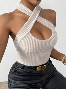 Chiquease Women's Cross Halter Neck Ribbed Tank Top - Apricot - View 6