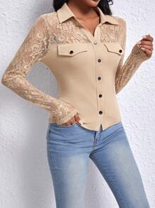 SHEIN Privé Women'S Lace Patchwork Turn Down Collar Button Up Top With Flap Detail - Khaki - View 6