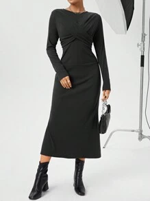 SHEIN Essnce Women's Solid Color Cross Wrap Dress - Grey - View 6