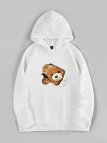 SHEIN EZwear Women's Plus Size Drop Shoulder Hoodie With Bear Print - White - View 3