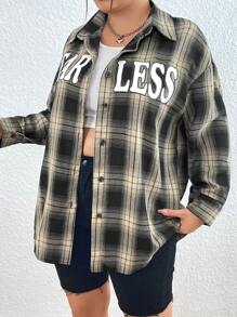 Flirla Kích thước lớn In kẻ sọc Áo sơ mi Với Viết chữ Thiết kế - Nhiều màu - Xem 3