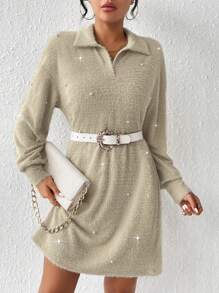SHEIN LUNE Einfarbiges Kleid Mit Perlen Dekoration - Khaki - Übersicht 4