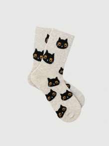 ROMWE Kawaii 1pair Cat Design Mid-calf Socks - Beige - View 1