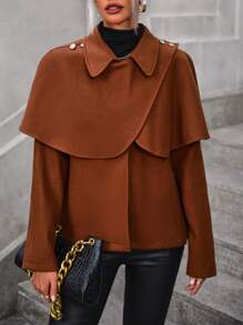 SHEIN LUNE 女性毛呢外套,釦子細節設計,帶斗蓬領 - 棕色 - 查看 5