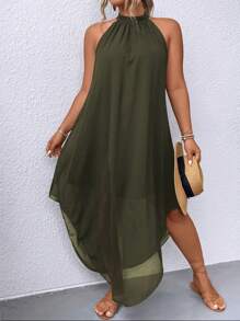 SHEIN Clasi Plus Size Stylish Green Halter Neck Dress, Women Outfit - Army Green - View 3